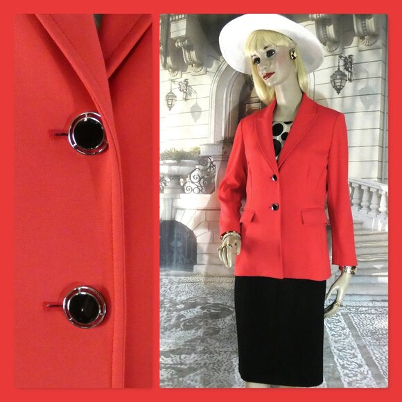 St. John 2-Pc Set Suit Sz 8 Coral Jacket Silver & Black Enamel Buttons Black Skt - Picture 1 of 10